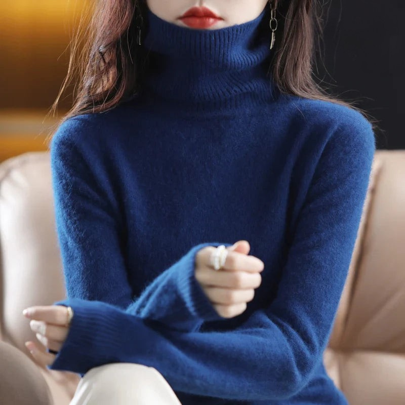 Cashmere Sweater Women | High Neck, Tailored Fit | Winter | Navy Blue