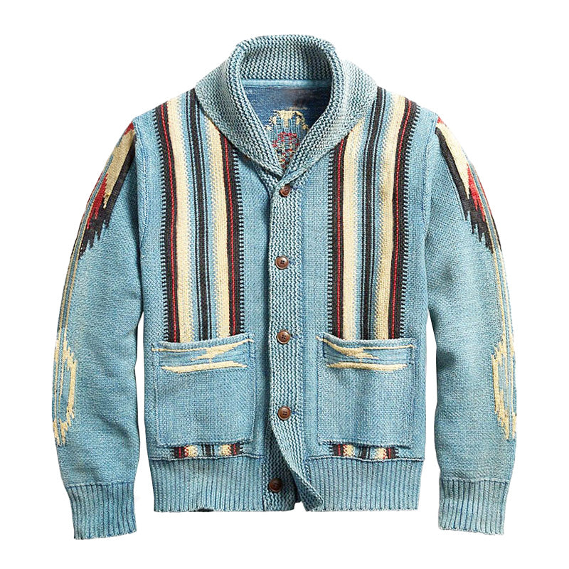 Knitted Cardigan For Men | Jacquard Patterns | Light Blue