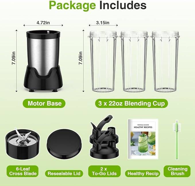 Portable Smoothie Blender with 3 Cups and 6-Leaf Stainless Steel Blade