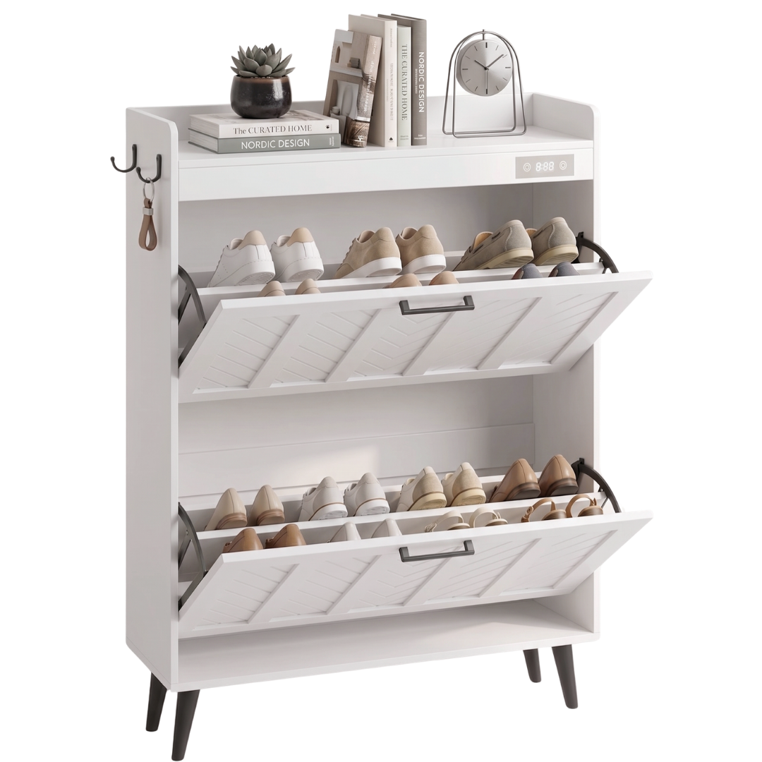 Slim Shoe Storage Cabinet with Two Flip Drawers and Deodorizer