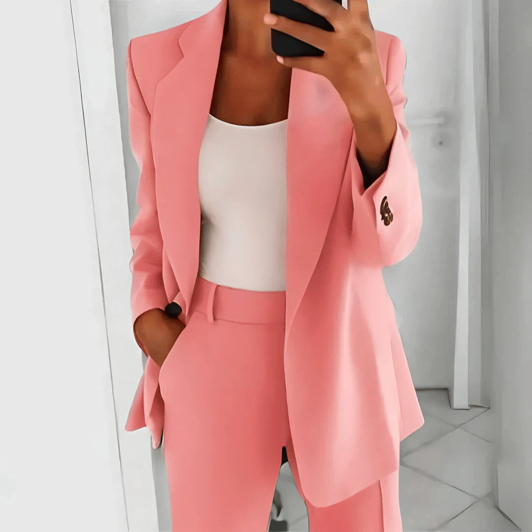 Women’s Formal Business Blazer & Pants Set – Solid Color, Single Button