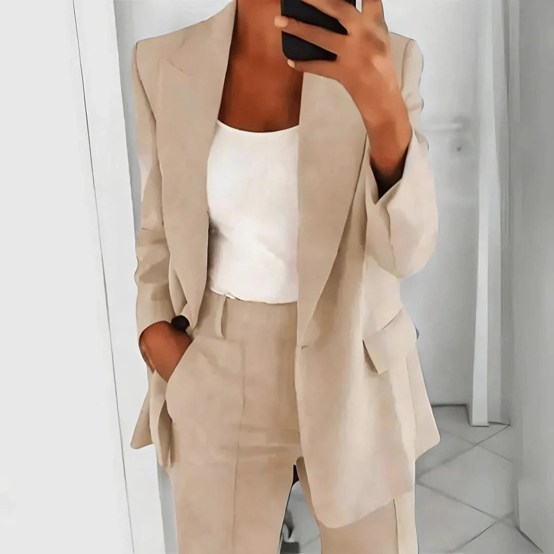 Women’s Formal Business Blazer & Pants Set – Solid Color, Single Button