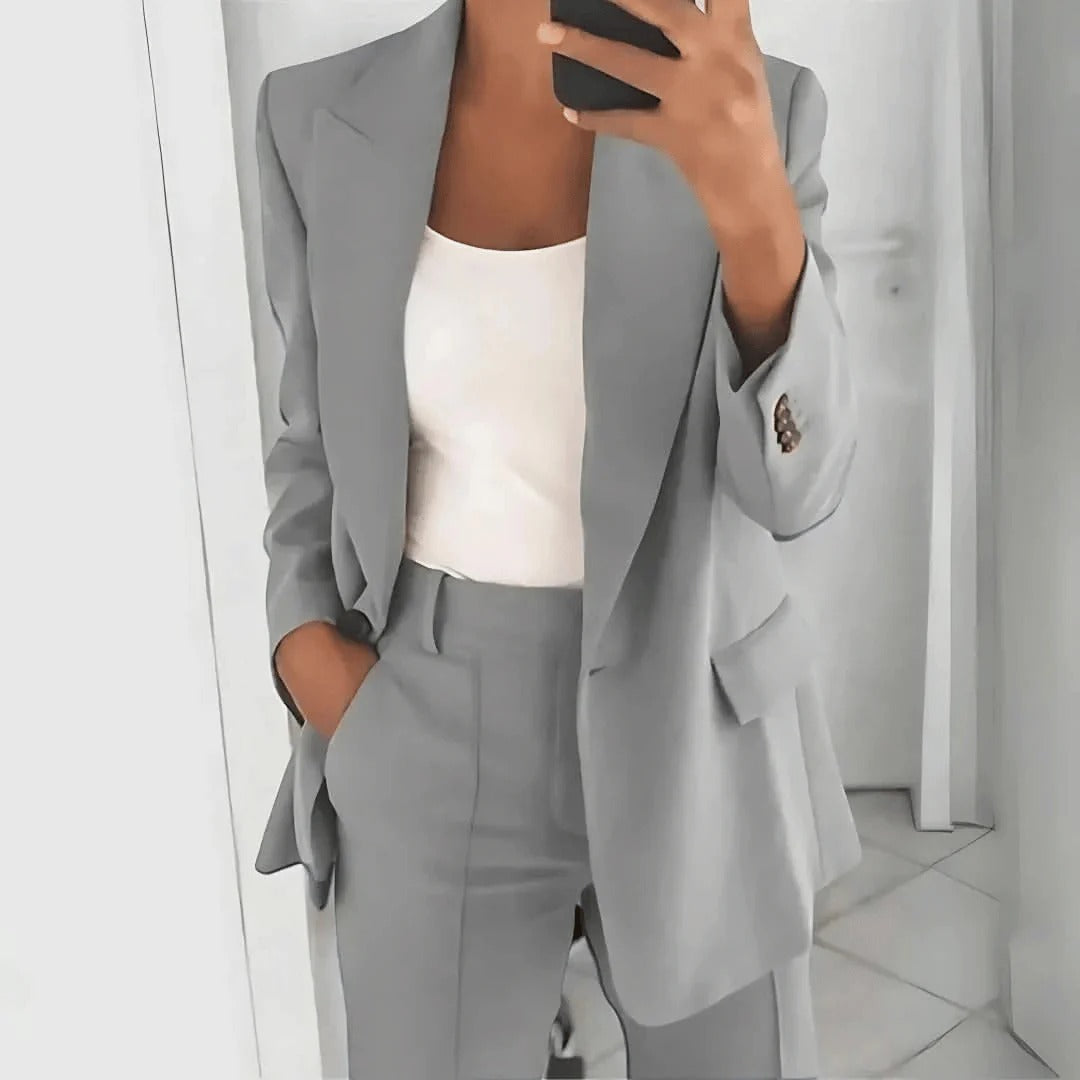 Women’s Formal Business Blazer & Pants Set – Solid Color, Single Button