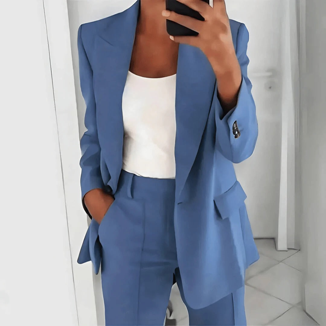 Women’s Formal Business Blazer & Pants Set – Solid Color, Single Button