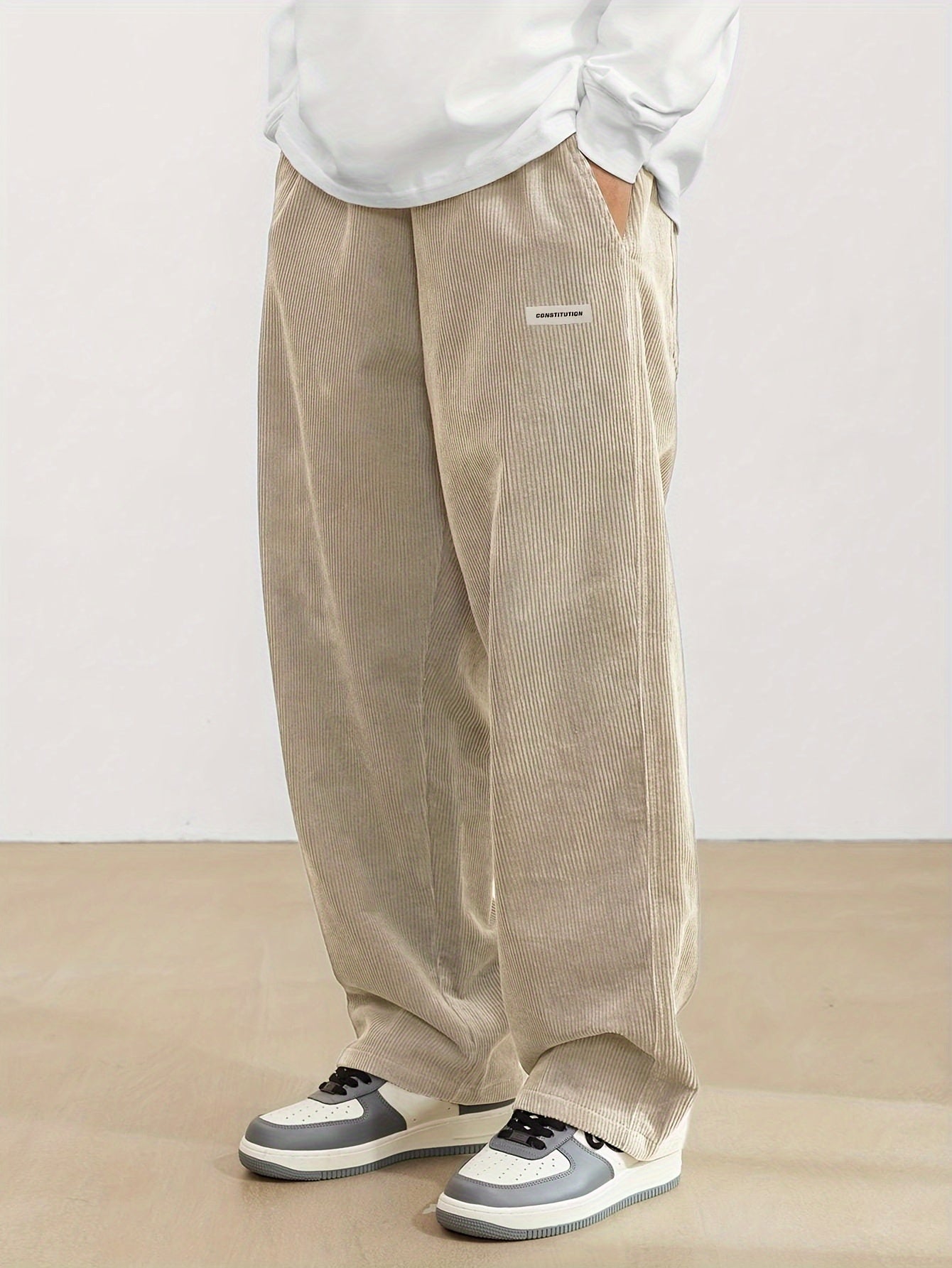 Corduroy Trouser for Men | Wide Leg, Long Length | Beige