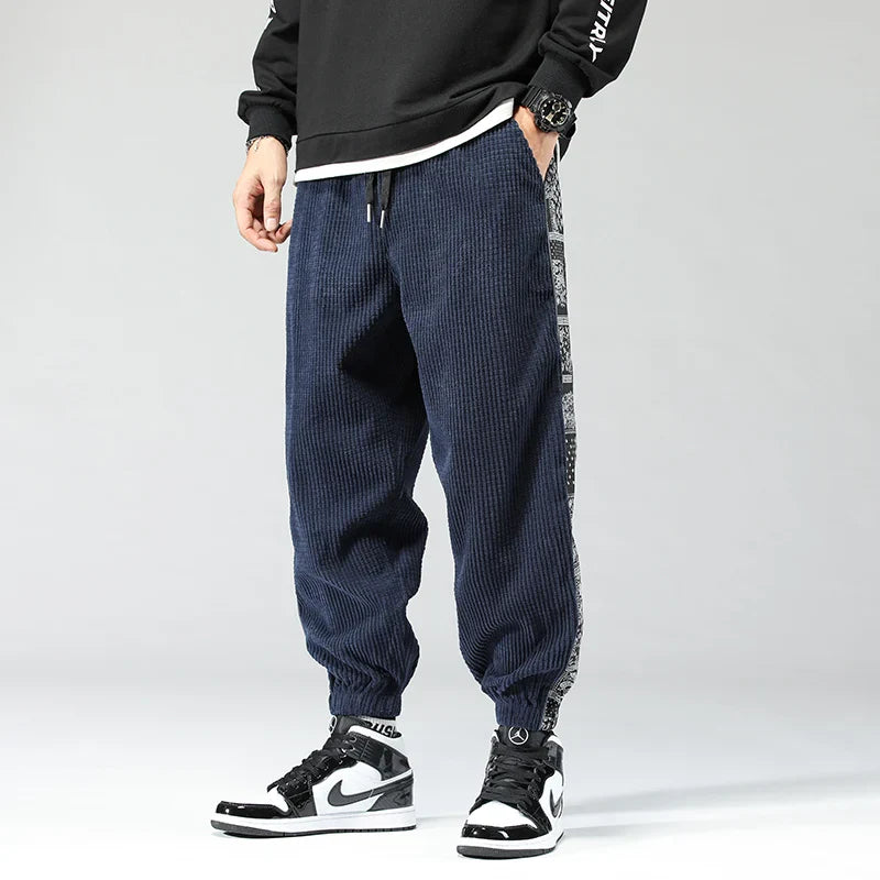 Corduroy Trousers for Men, Patterned Stripes | Jogger Style | Navy Blue