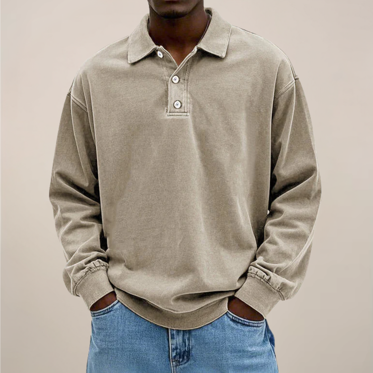 Long Sleeve Polo Shirt for Men | Soft cotton blend | Beige