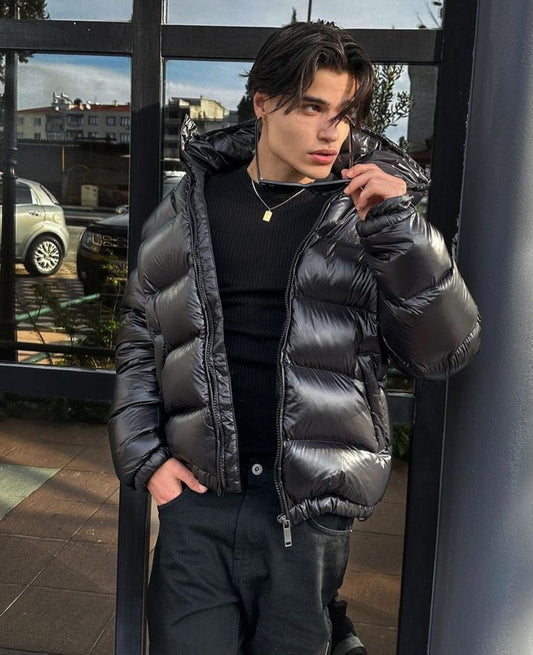 Quilted Winter Jacket for Men | Hooded, Sherpa Lined | Black1
