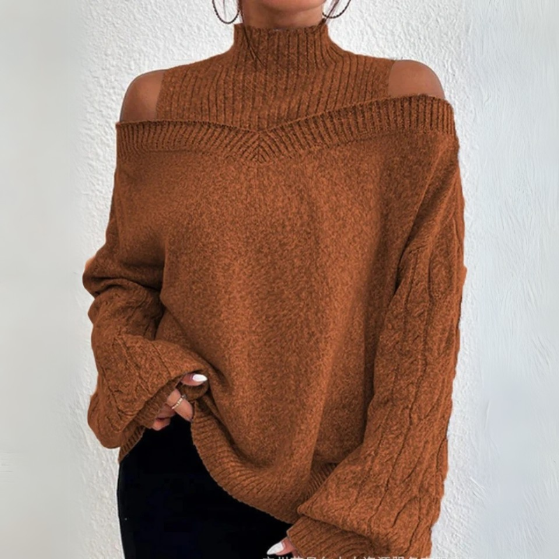 Off-Shoulder High Neck Long Sleeve Sweater - Loose Knitted Cardigan for Women