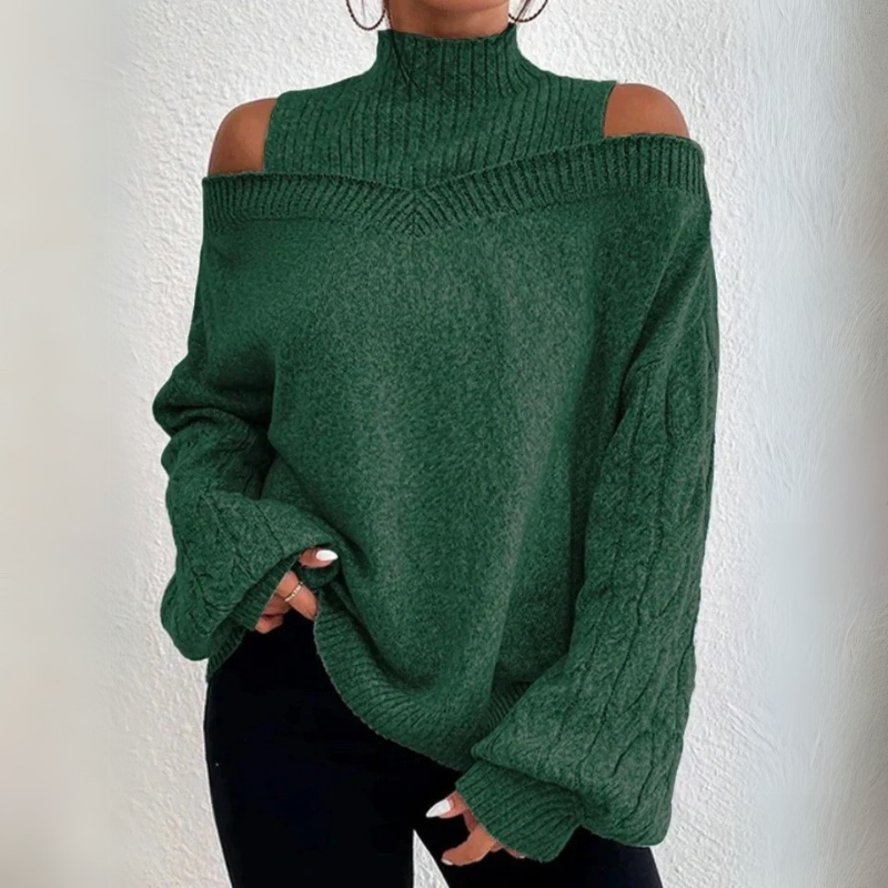 Off-Shoulder High Neck Long Sleeve Sweater - Loose Knitted Cardigan for Women