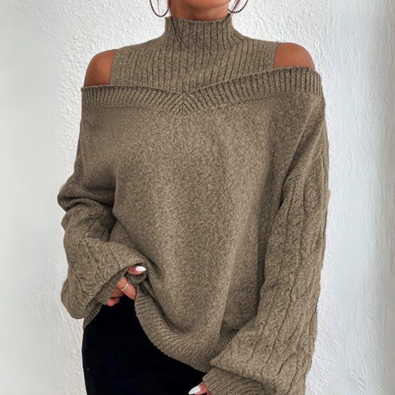 Off-Shoulder High Neck Long Sleeve Sweater - Loose Knitted Cardigan for Women