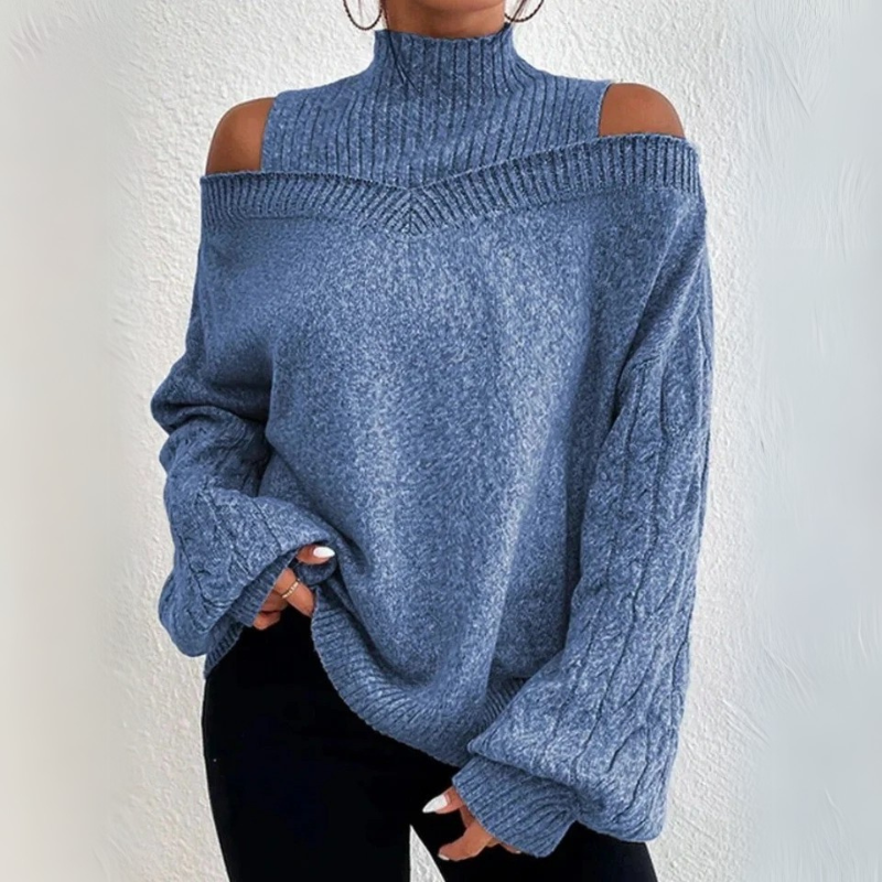 Off-Shoulder High Neck Long Sleeve Sweater - Loose Knitted Cardigan for Women