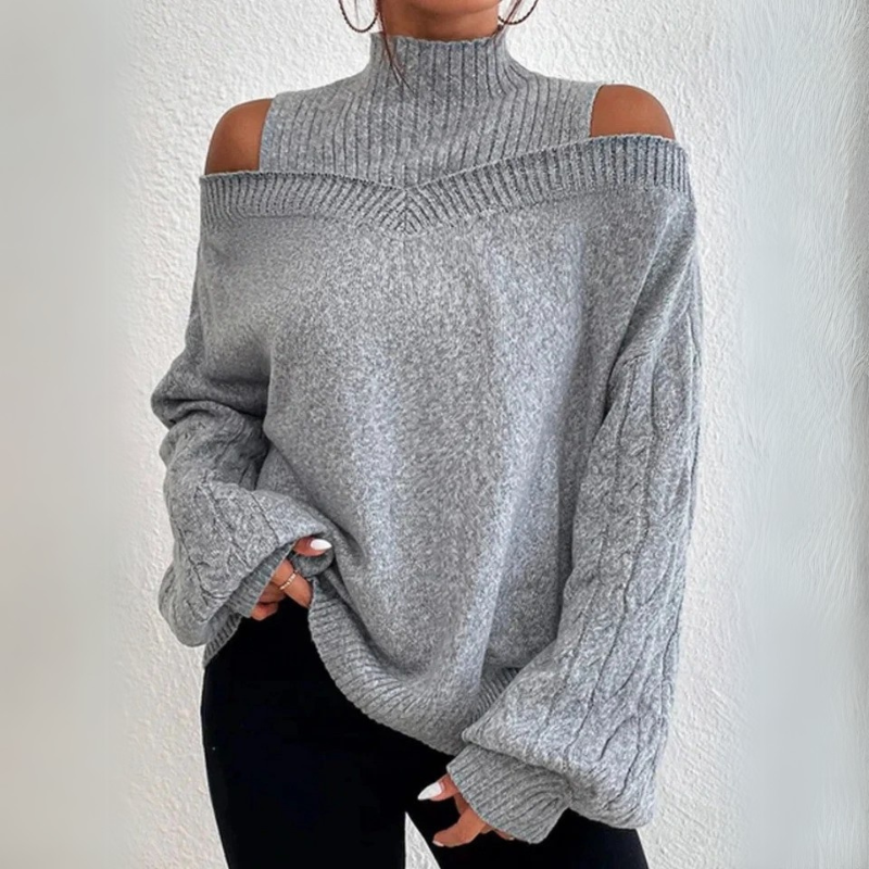 Off-Shoulder High Neck Long Sleeve Sweater - Loose Knitted Cardigan for Women