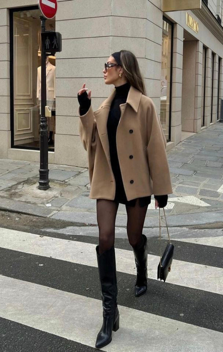 Wool Coat Women Oversized with Button Closure | Hip-Length | Khaki1